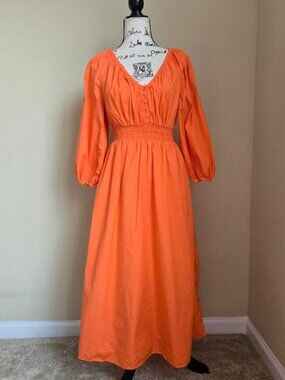 J.Crew V Neck Midi Dress Womens XS Orange Poplin 3/4 Sleeve